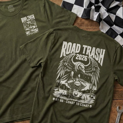 Olive green t-shirts with "Road Trash 2026" and eagle graphic.