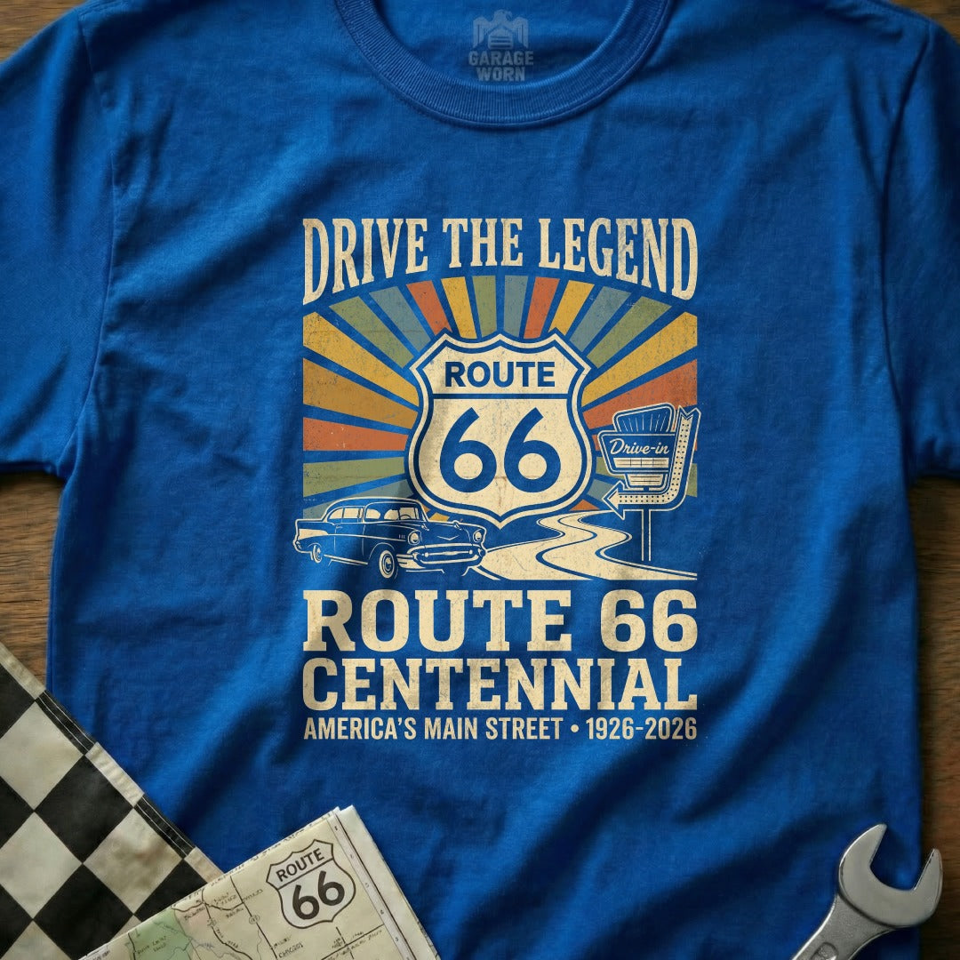 Blue t-shirt with Route 66 Centennial graphic and vintage car.