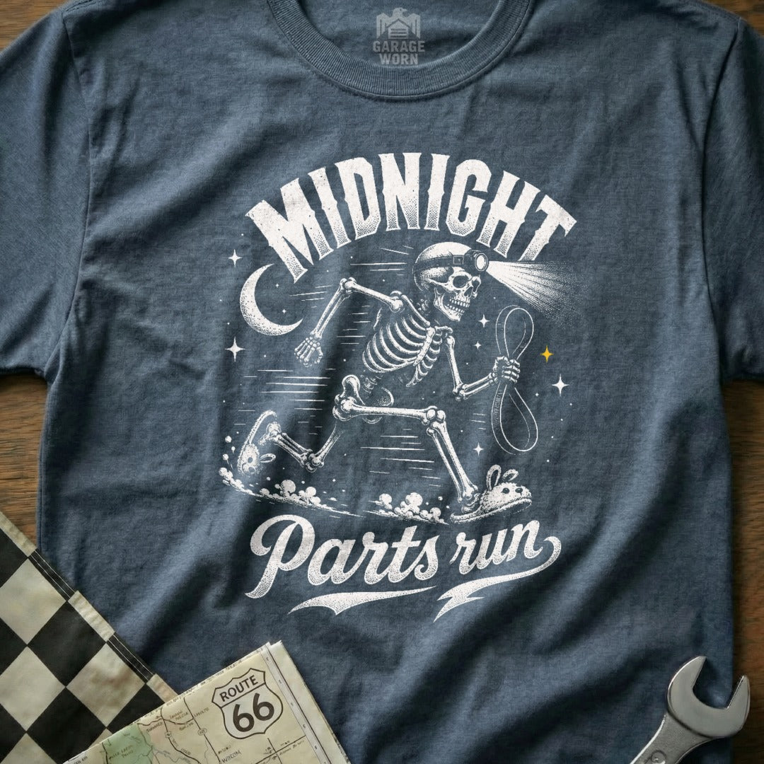 Midnight Parts run graphic on a dark blue t-shirt.