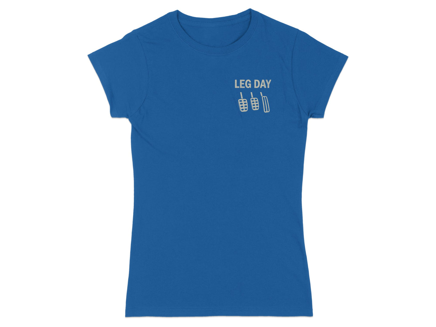 Blue t-shirt with "LEG DAY" and pedal graphic on chest.