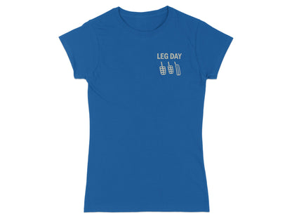 Blue t-shirt with "LEG DAY" and pedal graphic on chest.