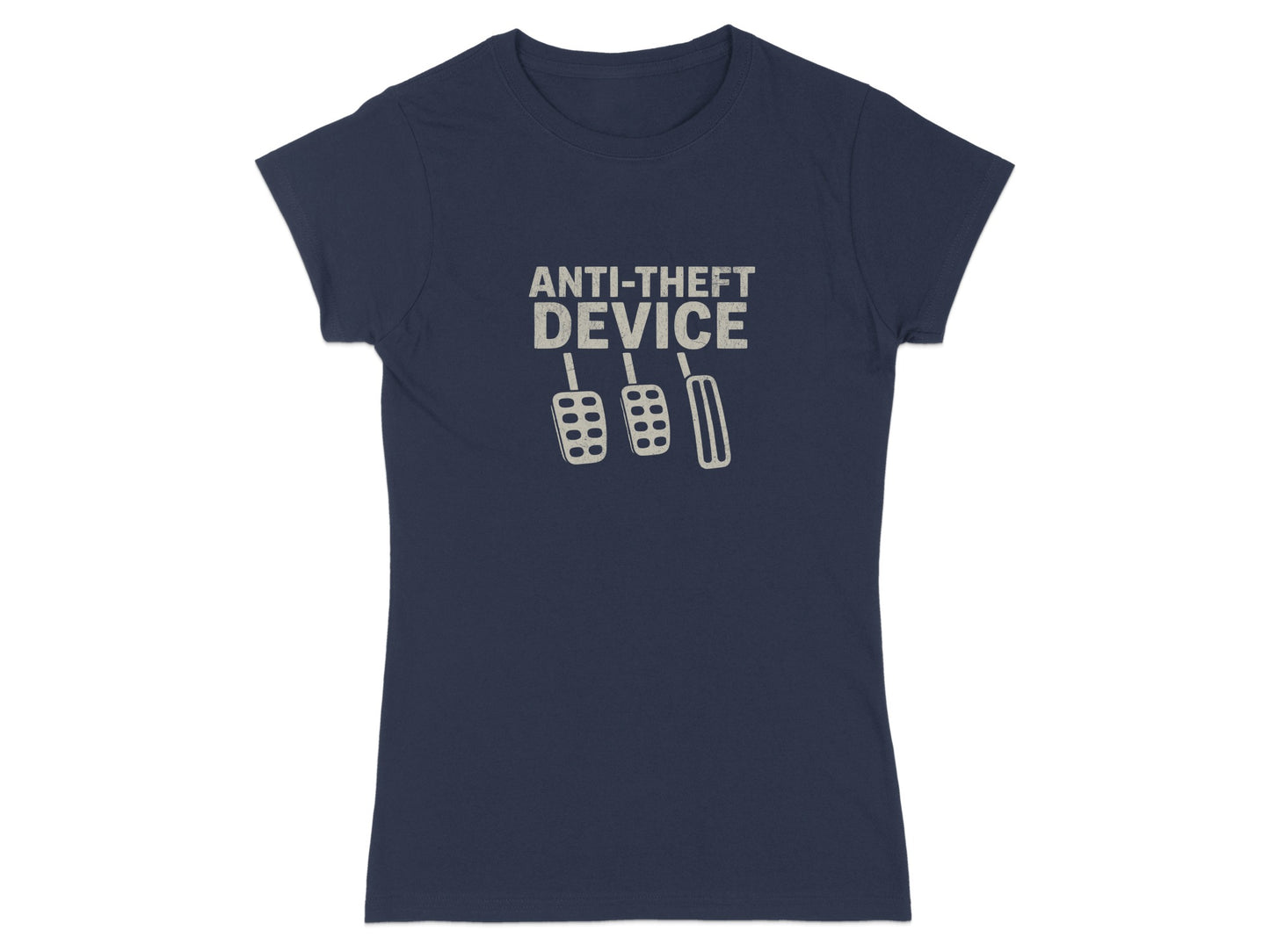 Navy t-shirt with "ANTI-THEFT DEVICE" and car pedals graphic.