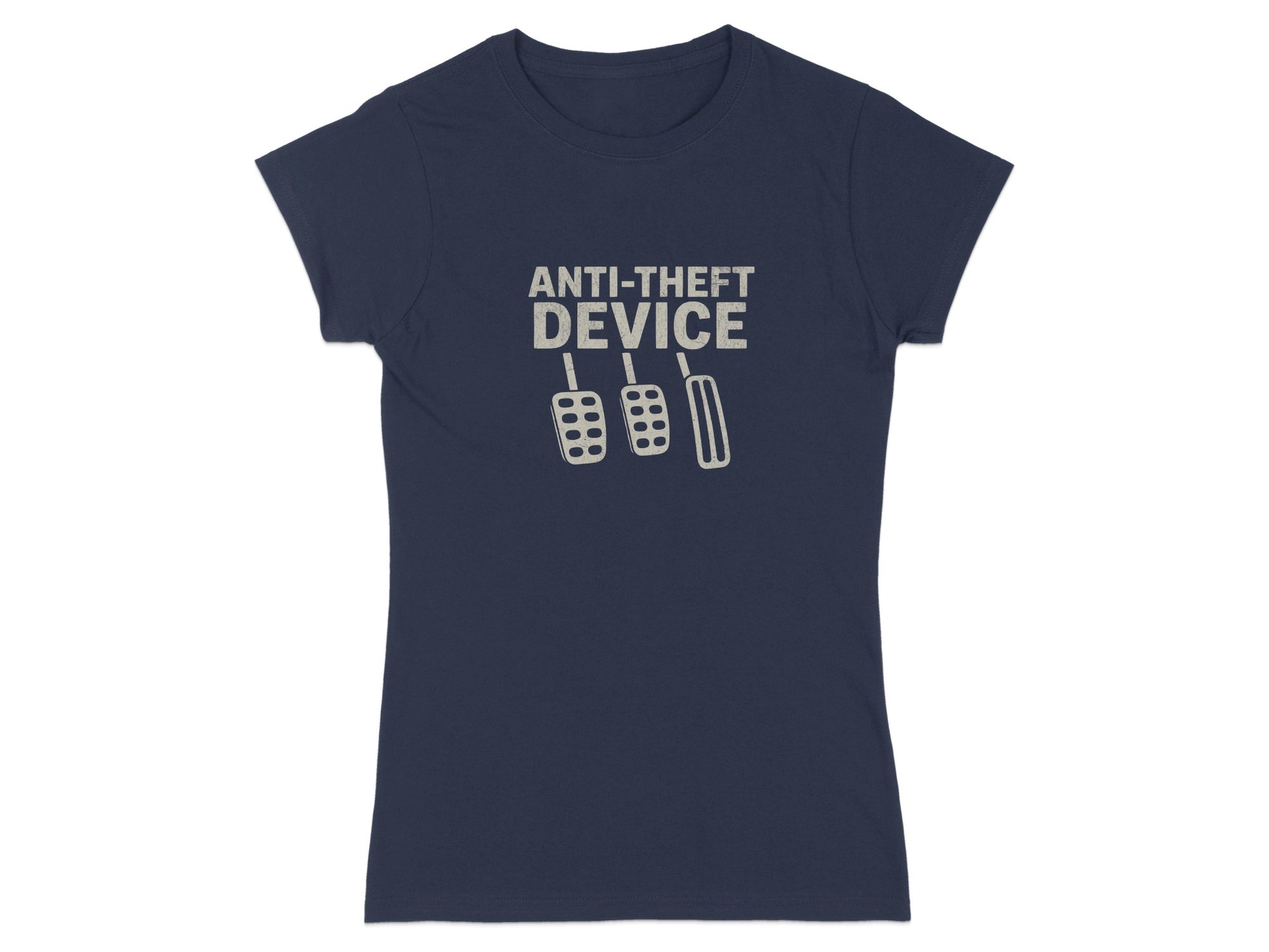 Navy t-shirt with "ANTI-THEFT DEVICE" and car pedals graphic.