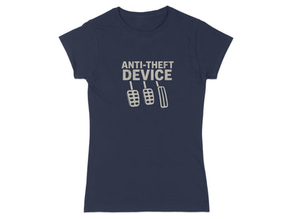 Navy t-shirt with "ANTI-THEFT DEVICE" and car pedals graphic.