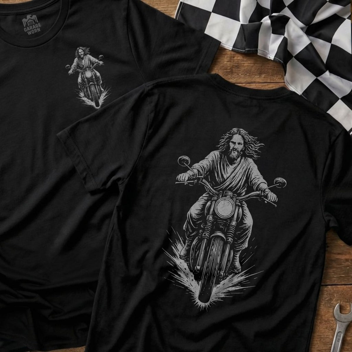 Jesus Riding Motorcycle Graphic Black T-shirt