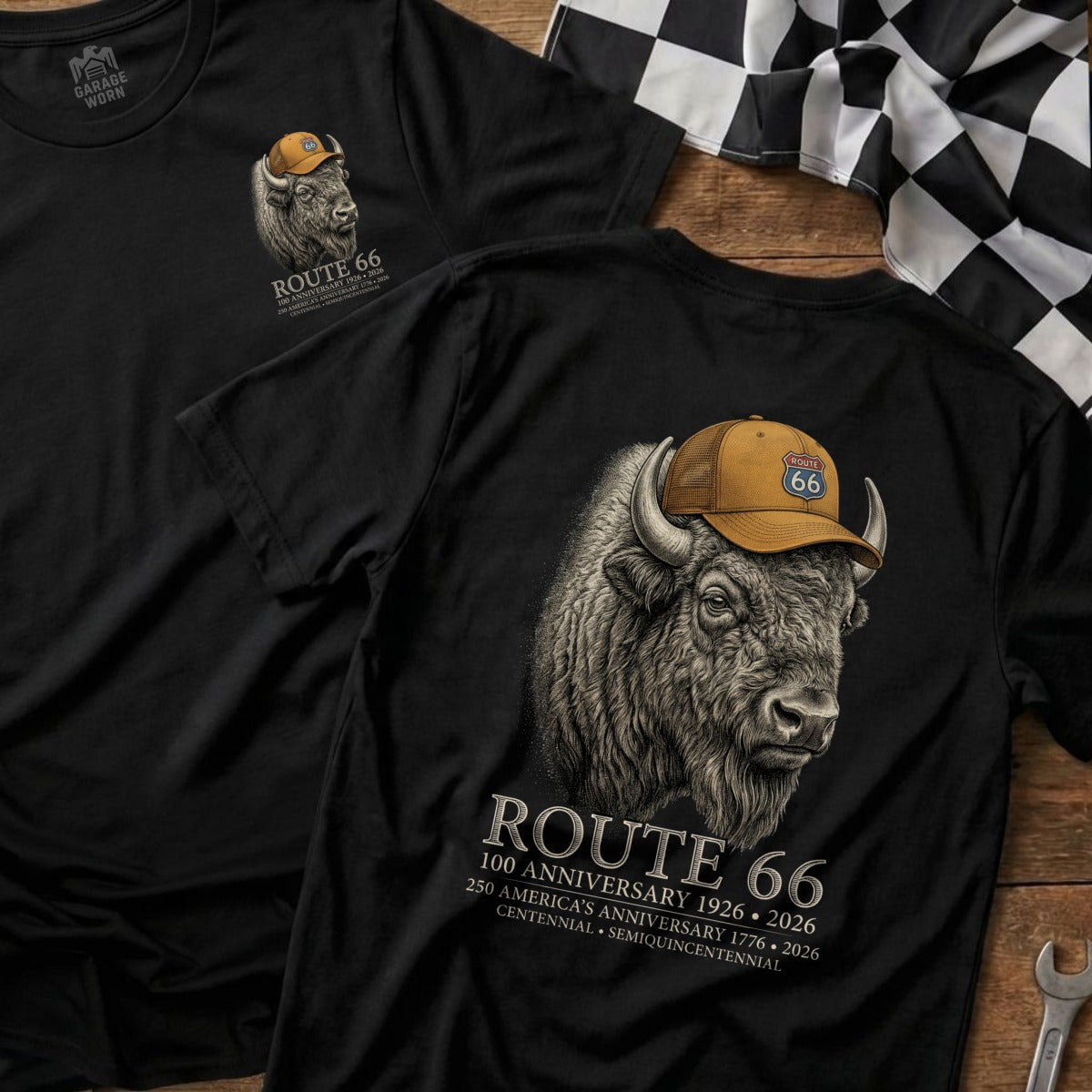 Black t-shirt featuring a bison wearing a Route 66 hat with 100th anniversary text.