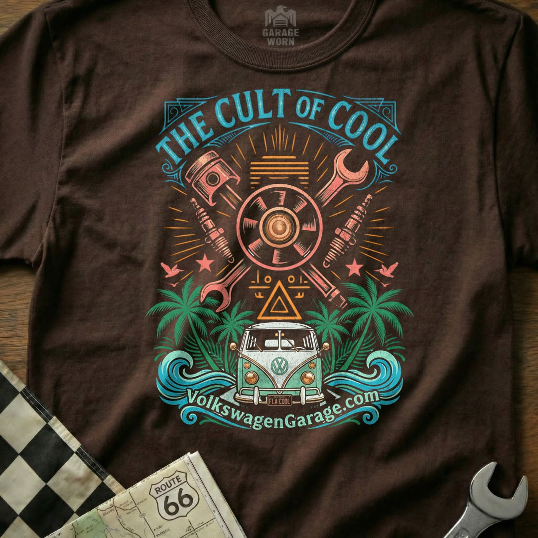 "The Cult of Cool" Volkswagen bus graphic on a brown t-shirt.