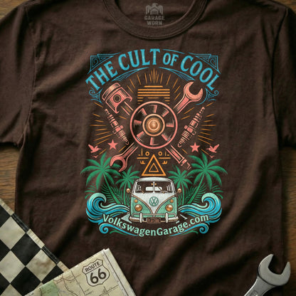 "The Cult of Cool" Volkswagen bus graphic on a brown t-shirt.