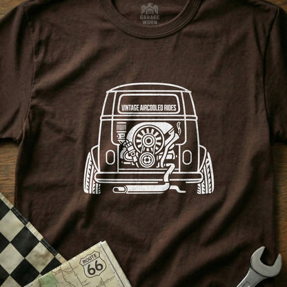 Brown t-shirt with a white graphic of a vintage air-cooled engine in a car.