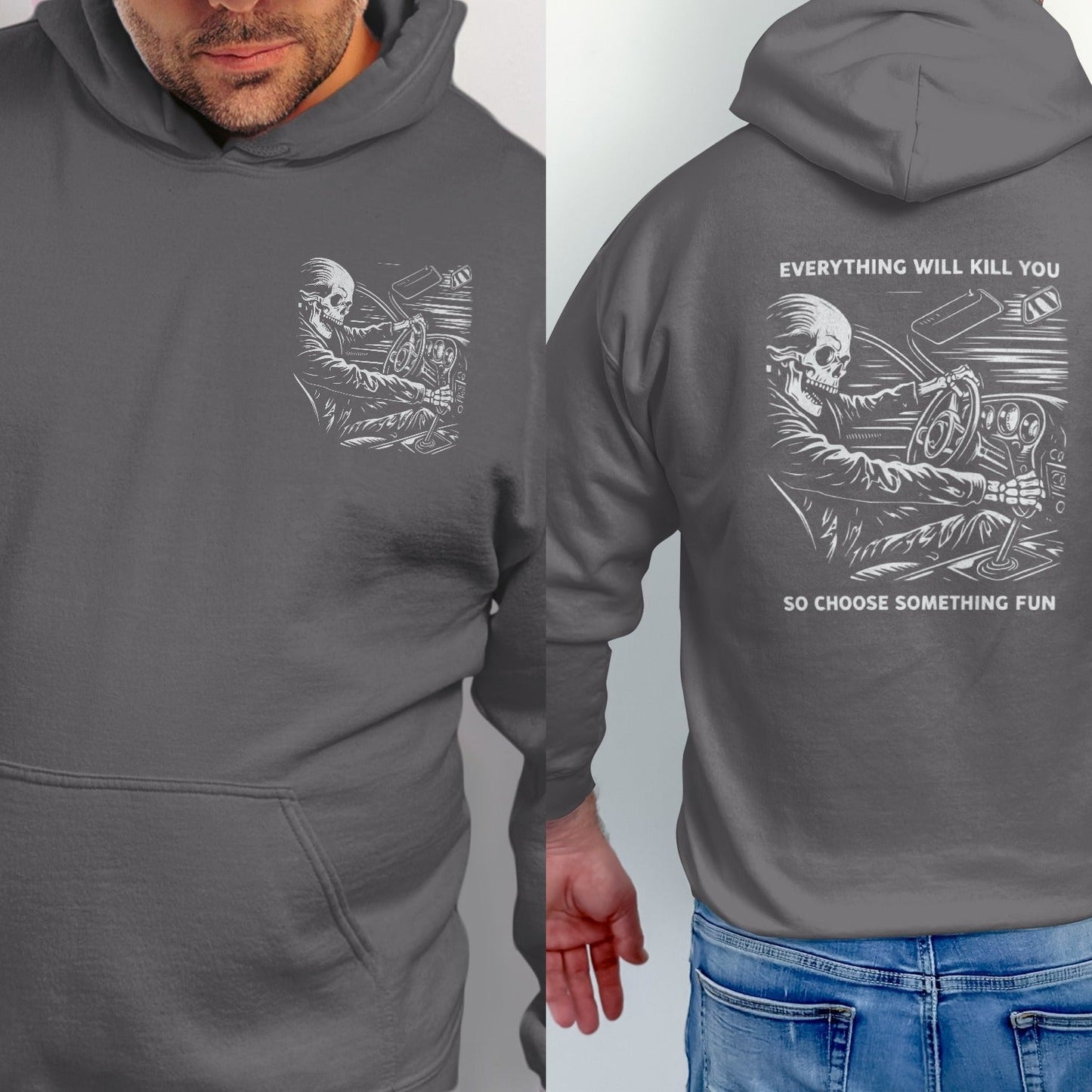 Gray hoodie with a skeleton driving a car graphic and text.