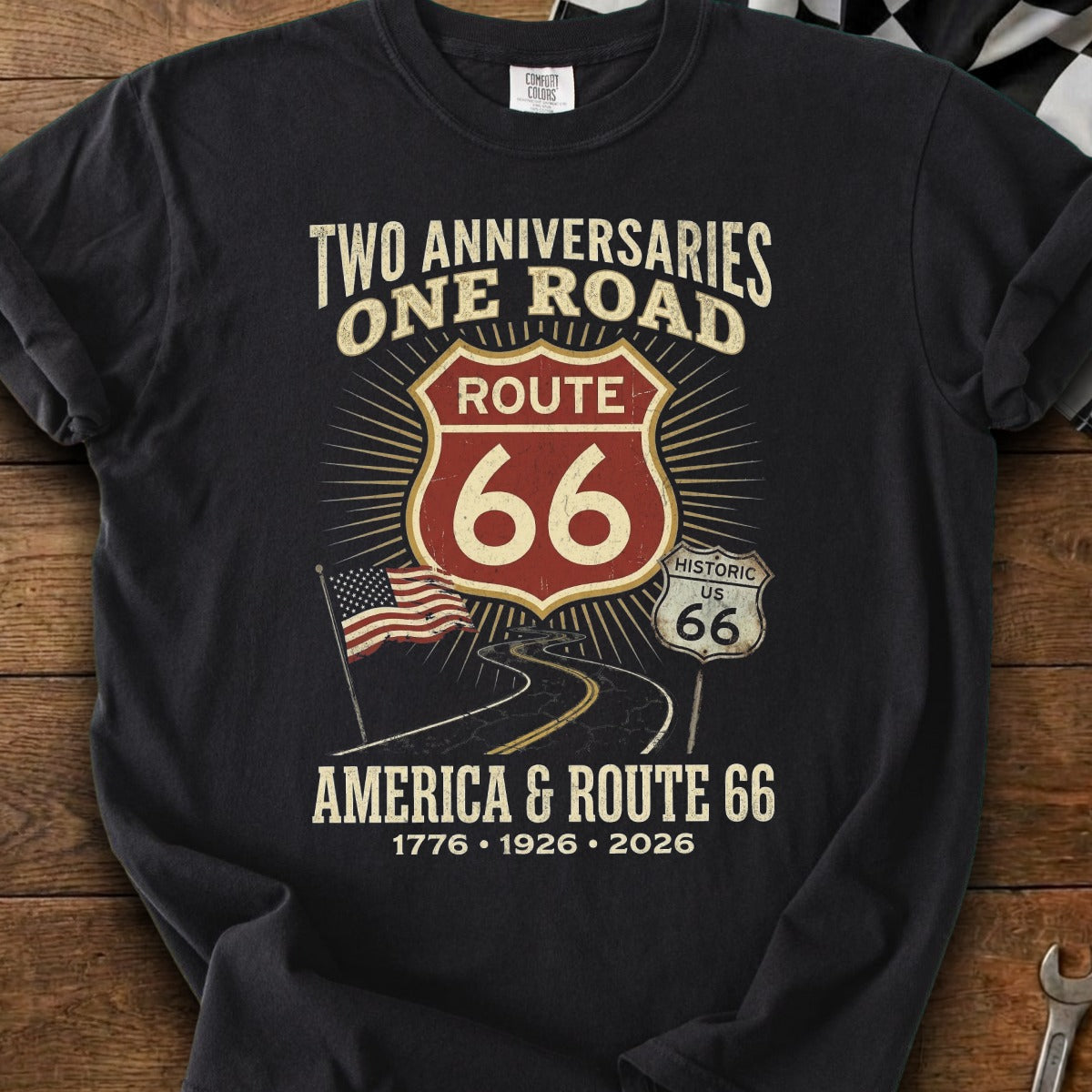 "America & Route 66" graphic with Route 66 signs and an American flag.