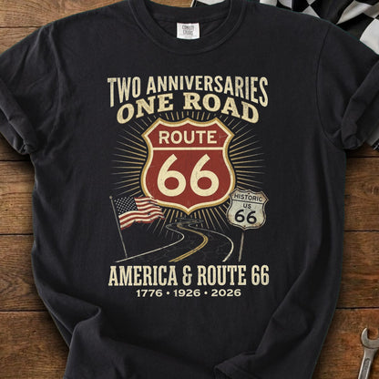 "America & Route 66" graphic with Route 66 signs and an American flag.