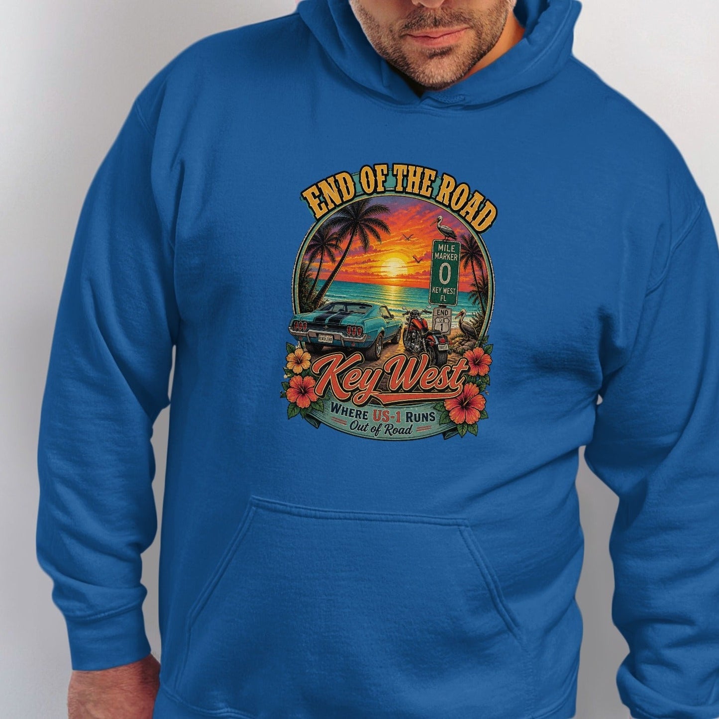 Key West "End of the Road" graphic with car, motorcycle, and sunset design.
