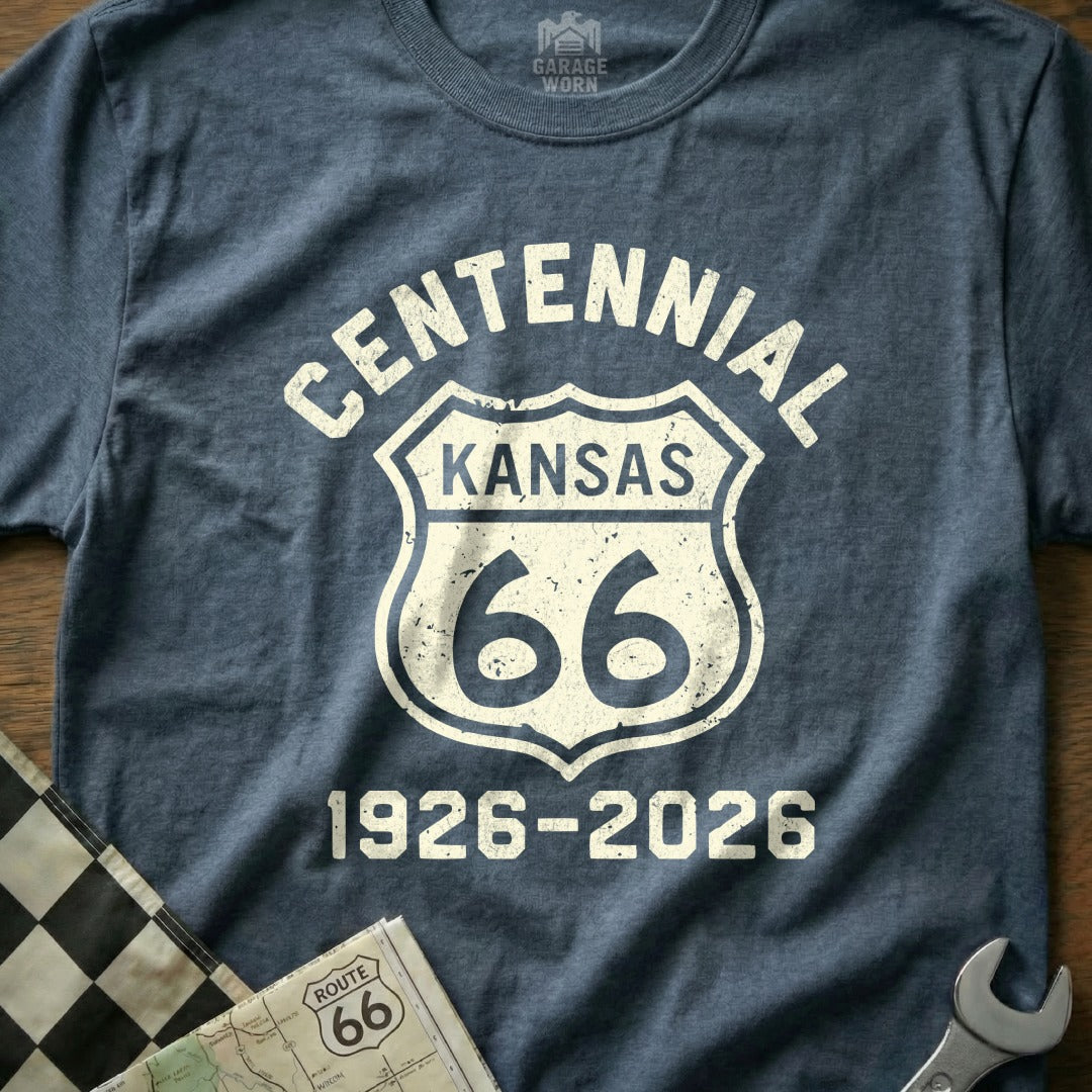 Centennial Kansas 66 Route 1926-2026 graphic on heather blue t-shirt.
