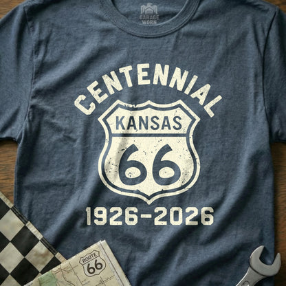 Centennial Kansas 66 Route 1926-2026 graphic on heather blue t-shirt.