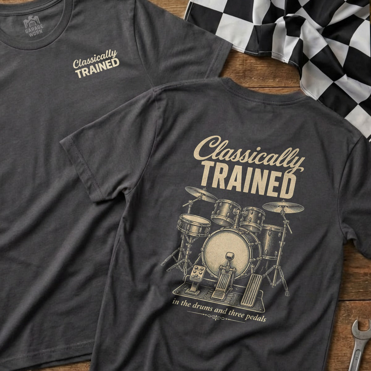 Dark gray t-shirt with "Classically Trained" and drum set graphic.