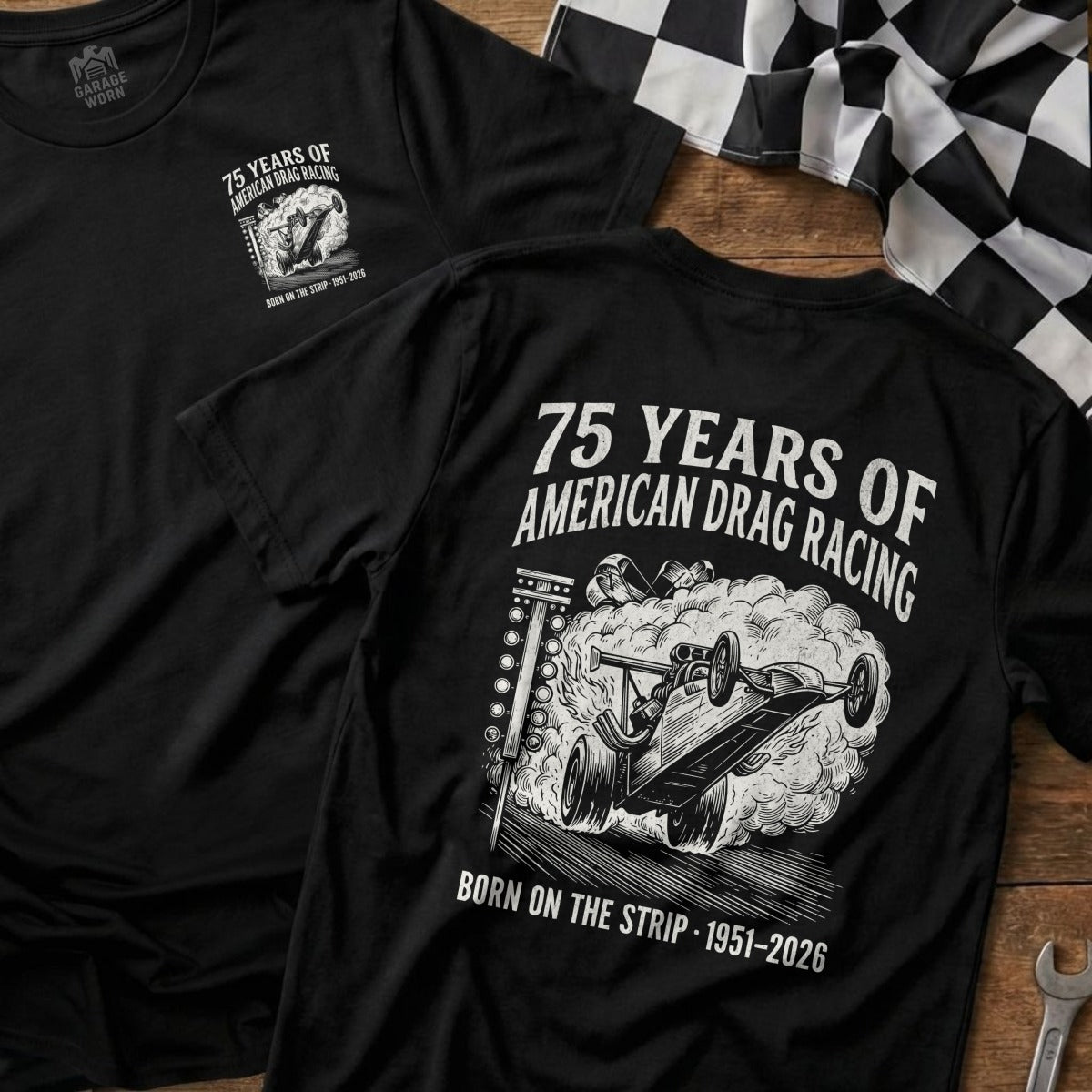 Black t-shirt with "75 Years of American Drag Racing" text and dragster graphic.
