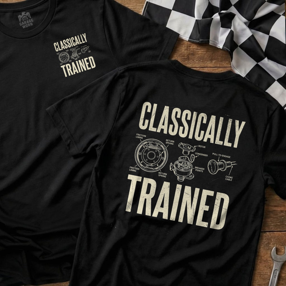 Black t-shirt with "CLASSICALLY TRAINED" and a diagram of a carburetor.