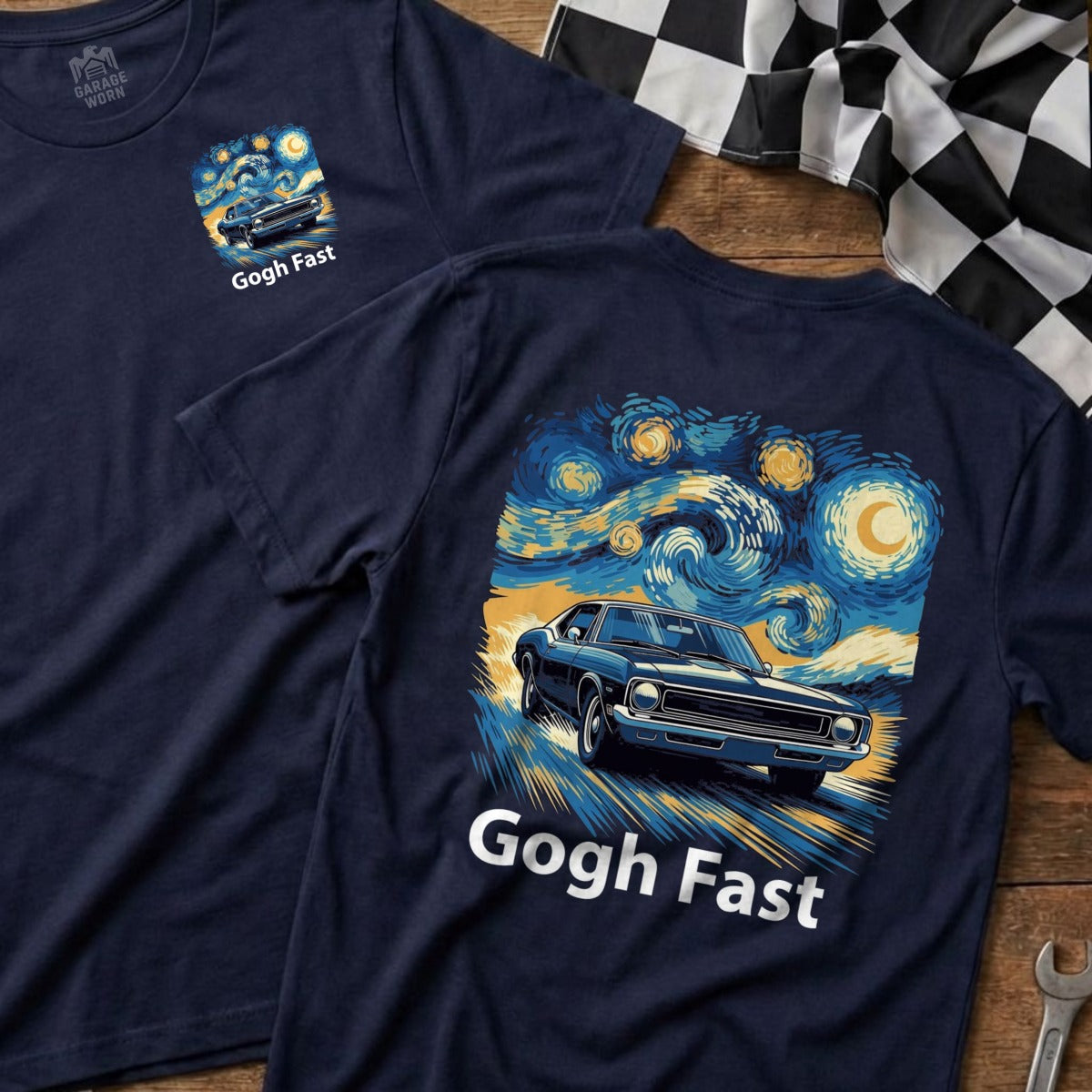 Navy t-shirt with a dark blue classic car under a swirling starry night sky.