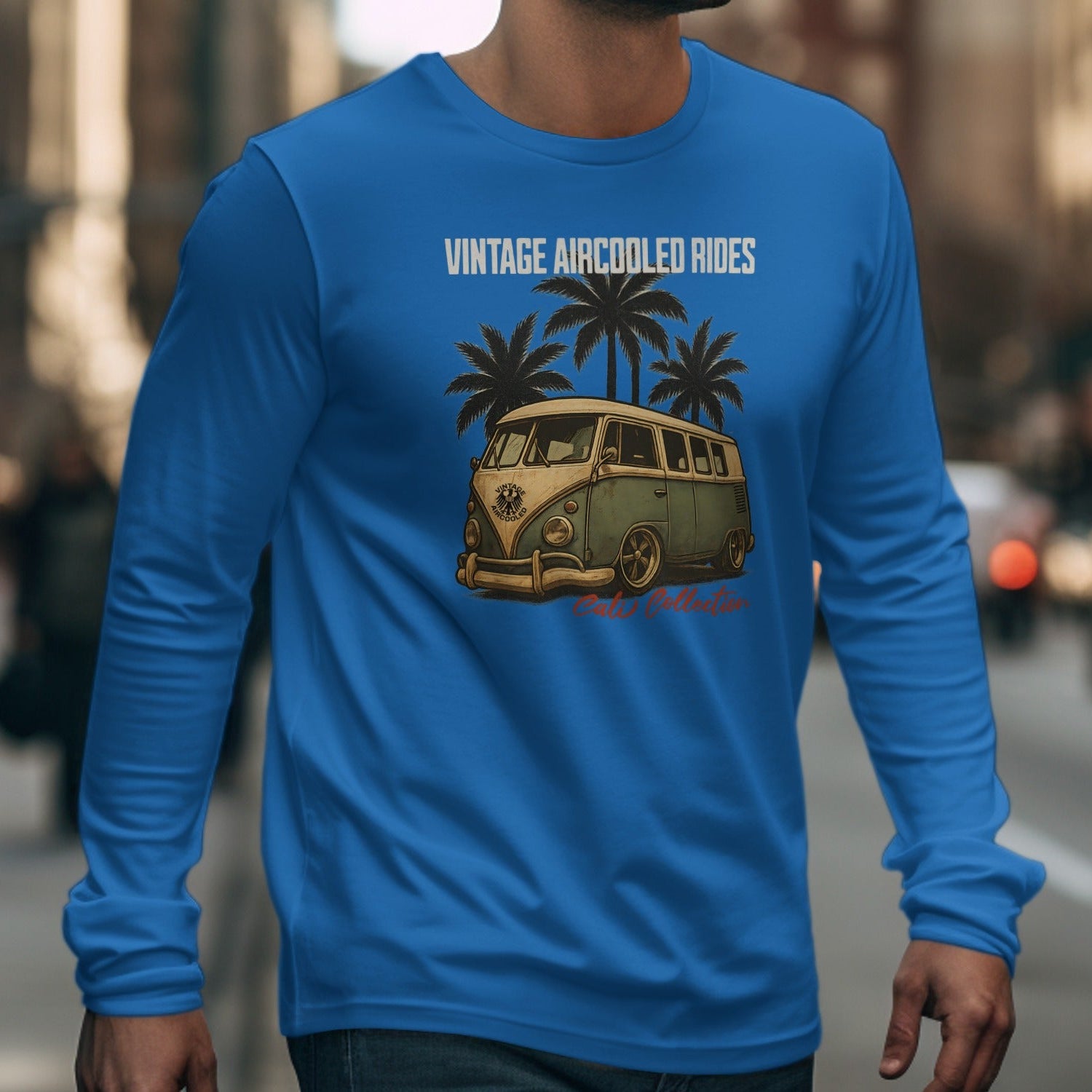 Blue long-sleeve shirt with "Vintage Aircooled Rides" text and a vintage van graphic.