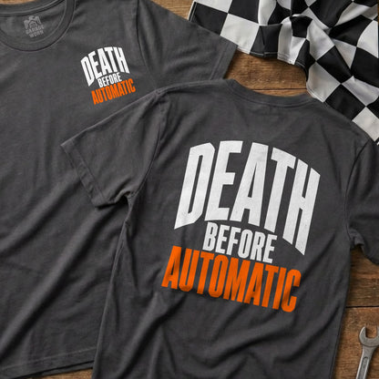 Two dark grey t-shirts with "DEATH BEFORE AUTOMATIC" text and a checkered flag.
