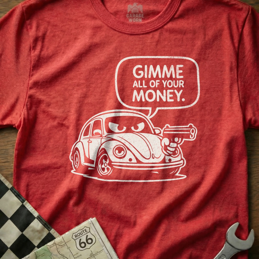 Red T-Shirt with Gimme All of Your Money Car Print