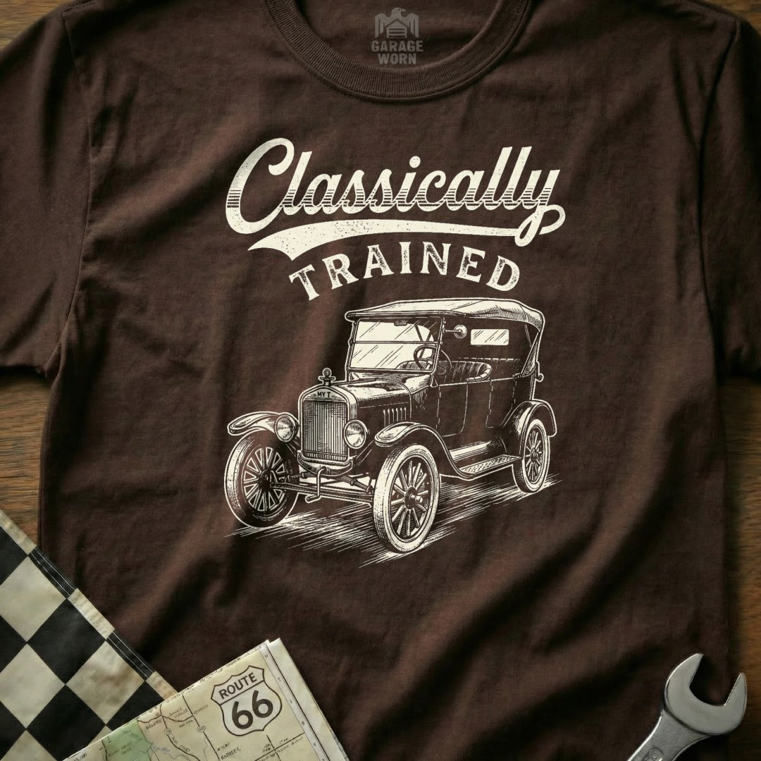 Brown t-shirt with "Classically TRAINED" text and antique car graphic.