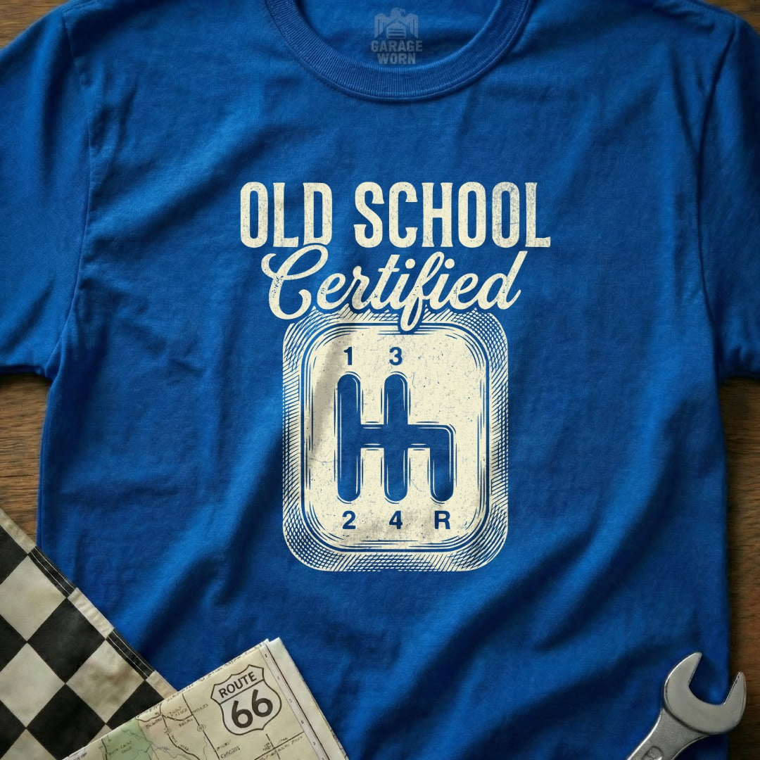 Blue t-shirt with "Old School Certified" and a vintage gear shifter graphic.
