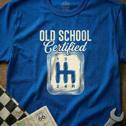 Blue t-shirt with "Old School Certified" and a vintage gear shifter graphic.