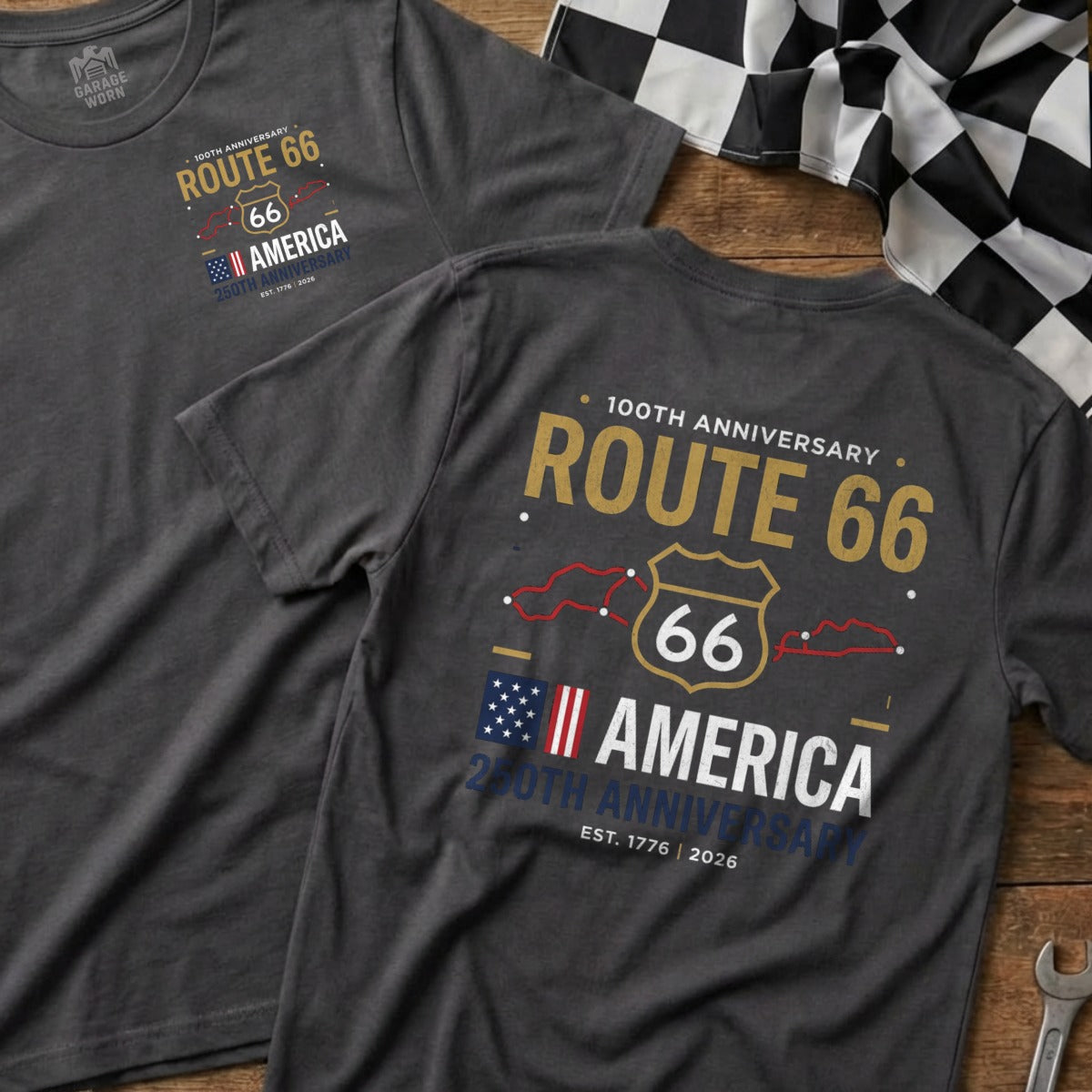 Dark grey t-shirt with "Route 66 America 250th Anniversary" text and graphics.
