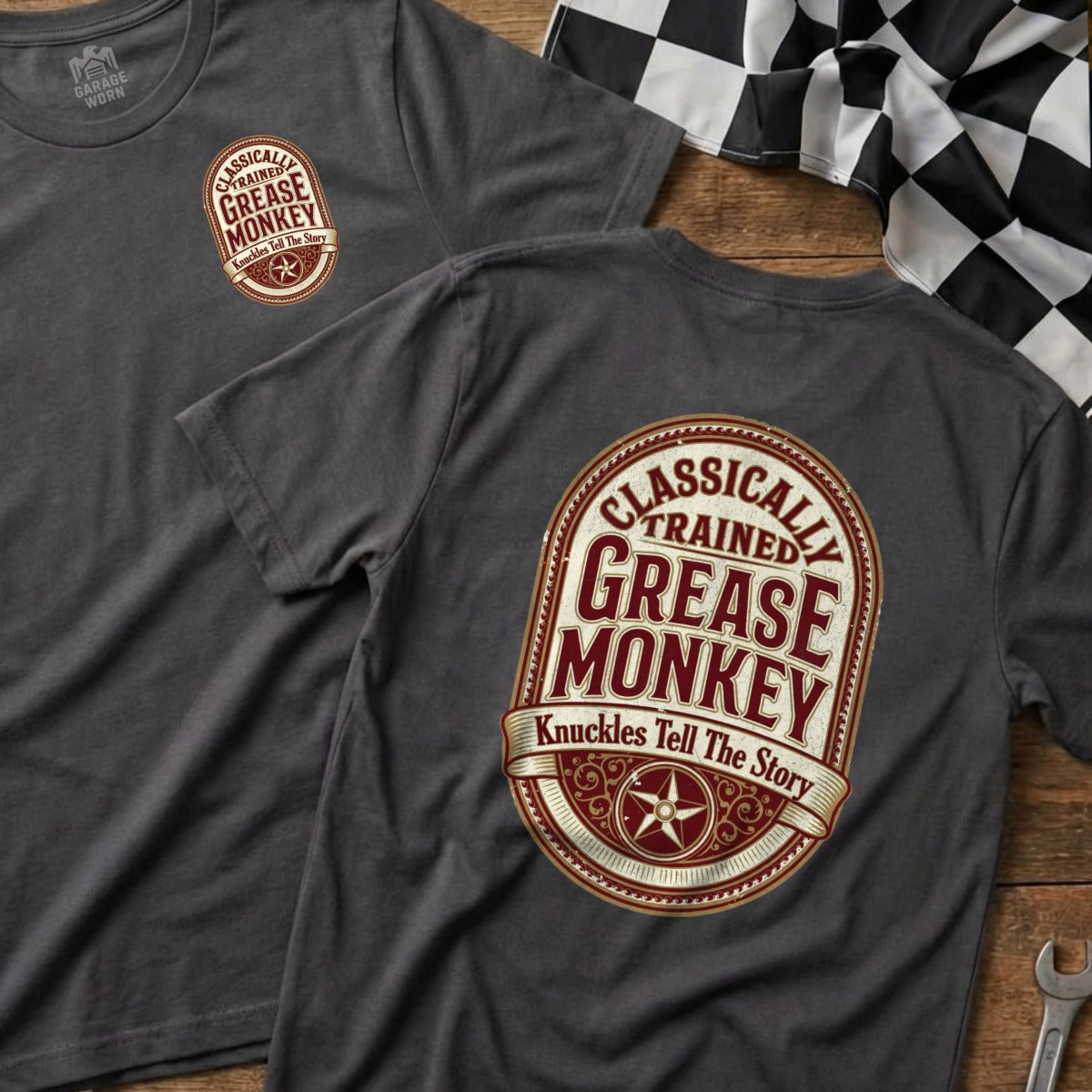 T-shirt with "Classically Trained Grease Monkey" logo, featuring a checkered flag.