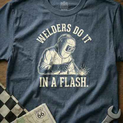 Welder in a helmet working, text reads "Welders Do It In A Flash."