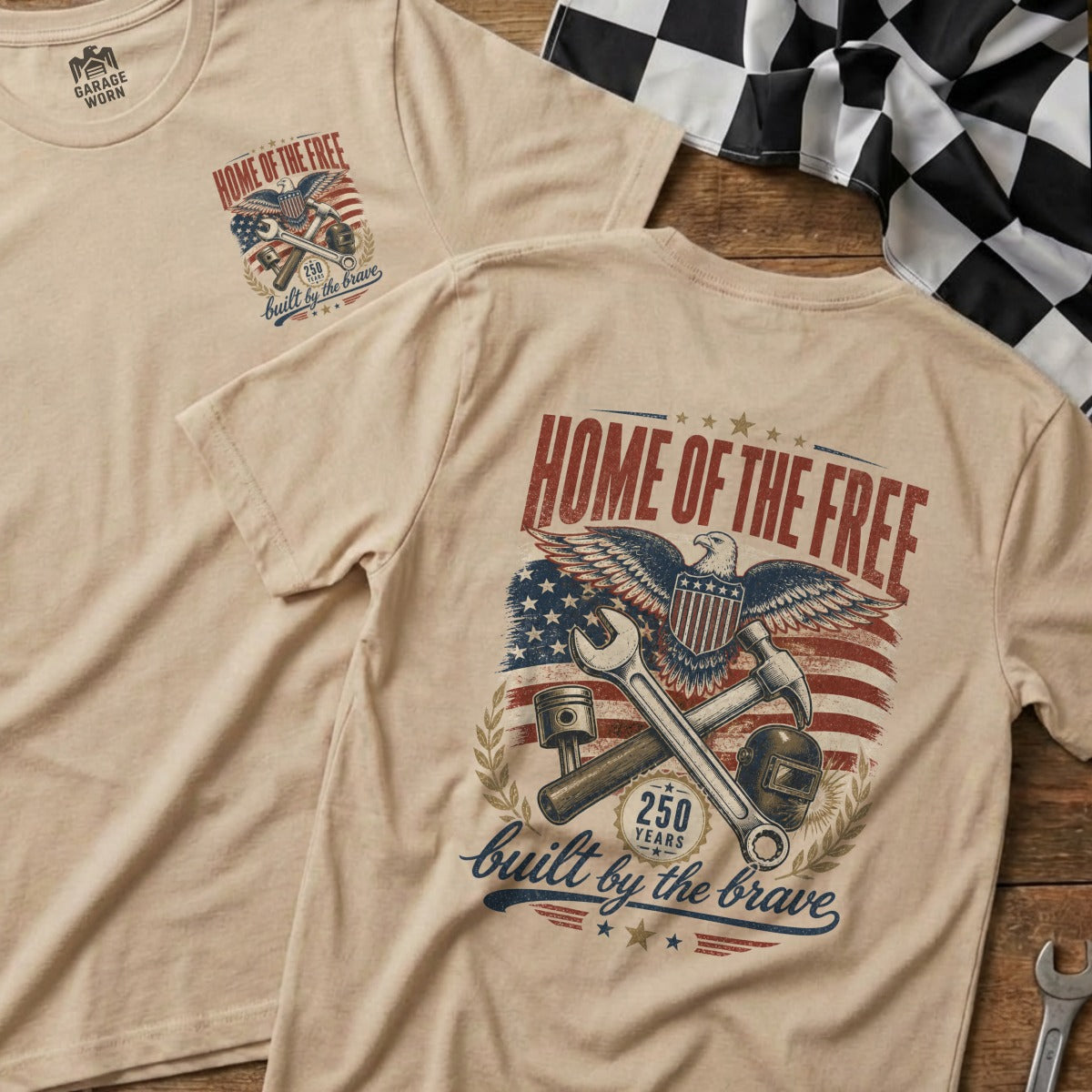 T-shirt with "Home of the Free, built by the Brave" graphic.