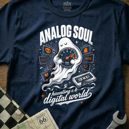 Ghost with speedometer, cassette, and "Analog Soul Haunting a Digital World" text.