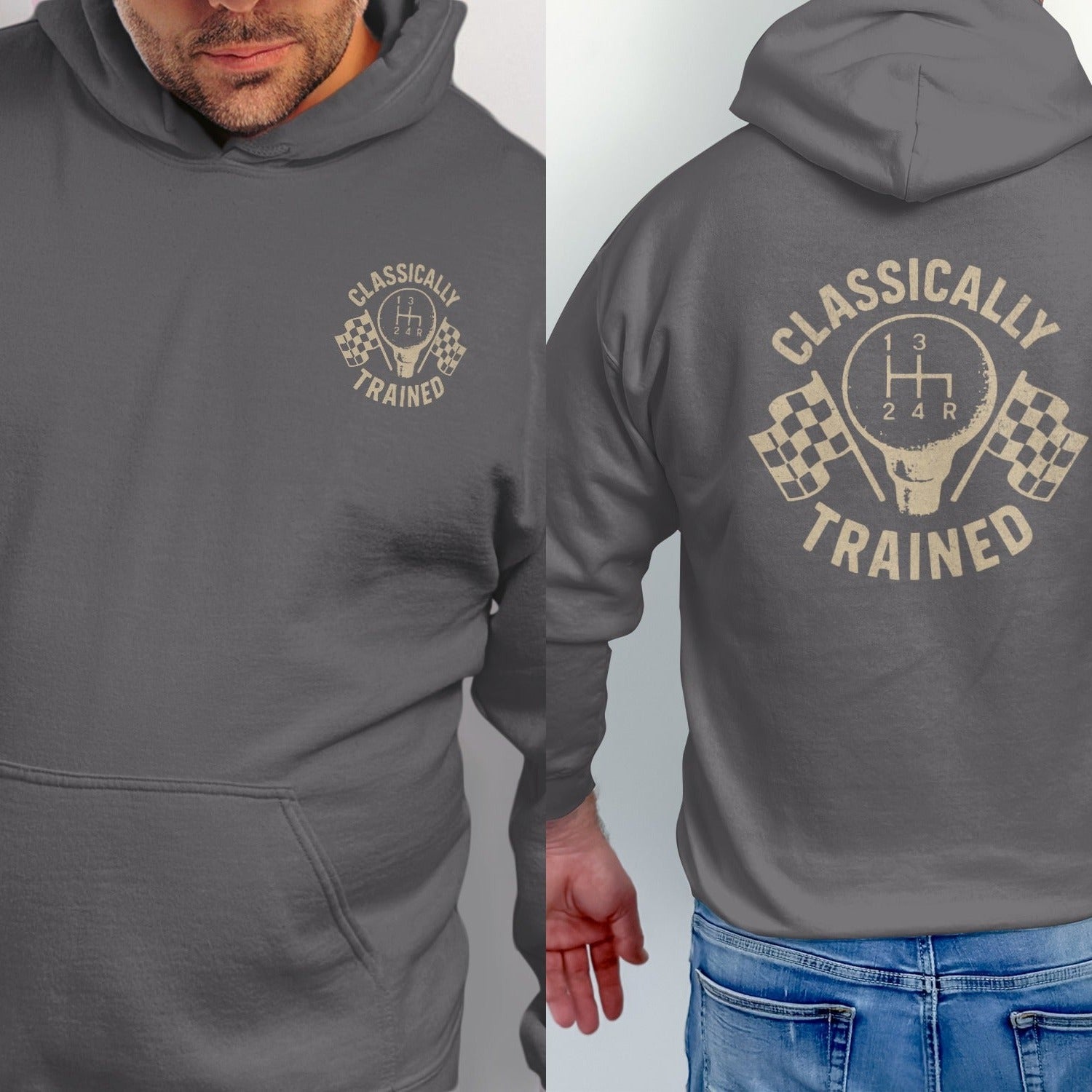 Front and back views of a grey hoodie with a "Classically Trained" graphic of a gear shift and flags.