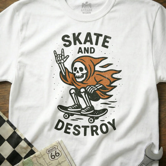 Skate and Destroy Graphic Skeleton Skateboarding T-Shirt