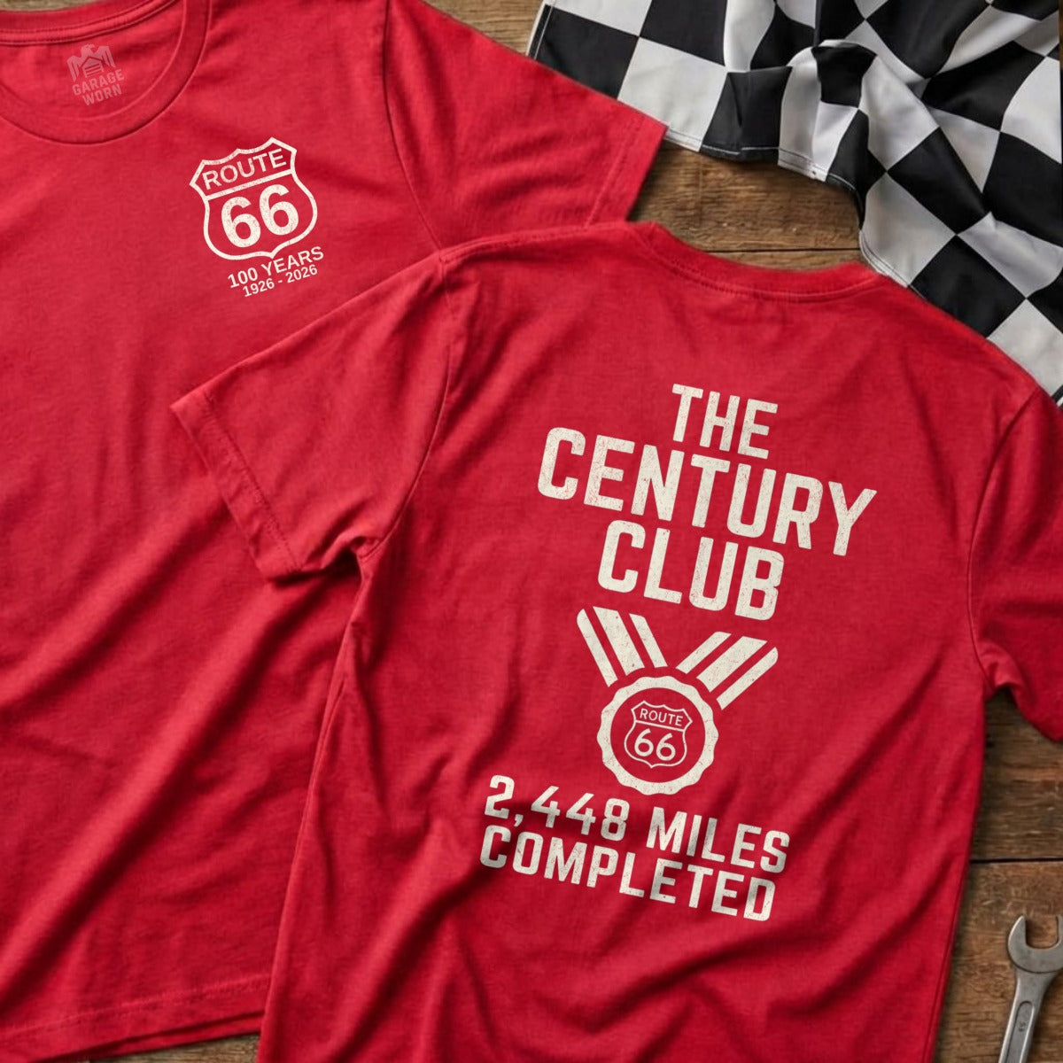 Red t-shirt featuring Route 66 logo and "The Century Club" text.