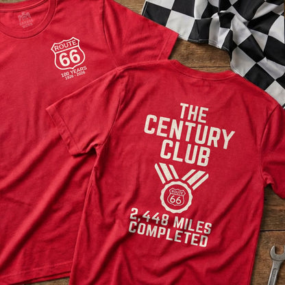Red t-shirt featuring Route 66 logo and "The Century Club" text.