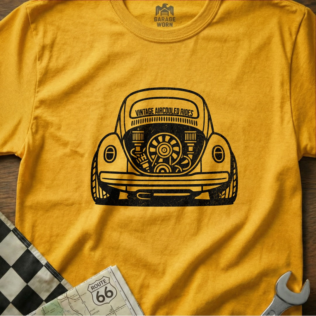 T-shirt with graphic of a vintage VW Beetle engine and the text "Vintage Aircooled Rides".