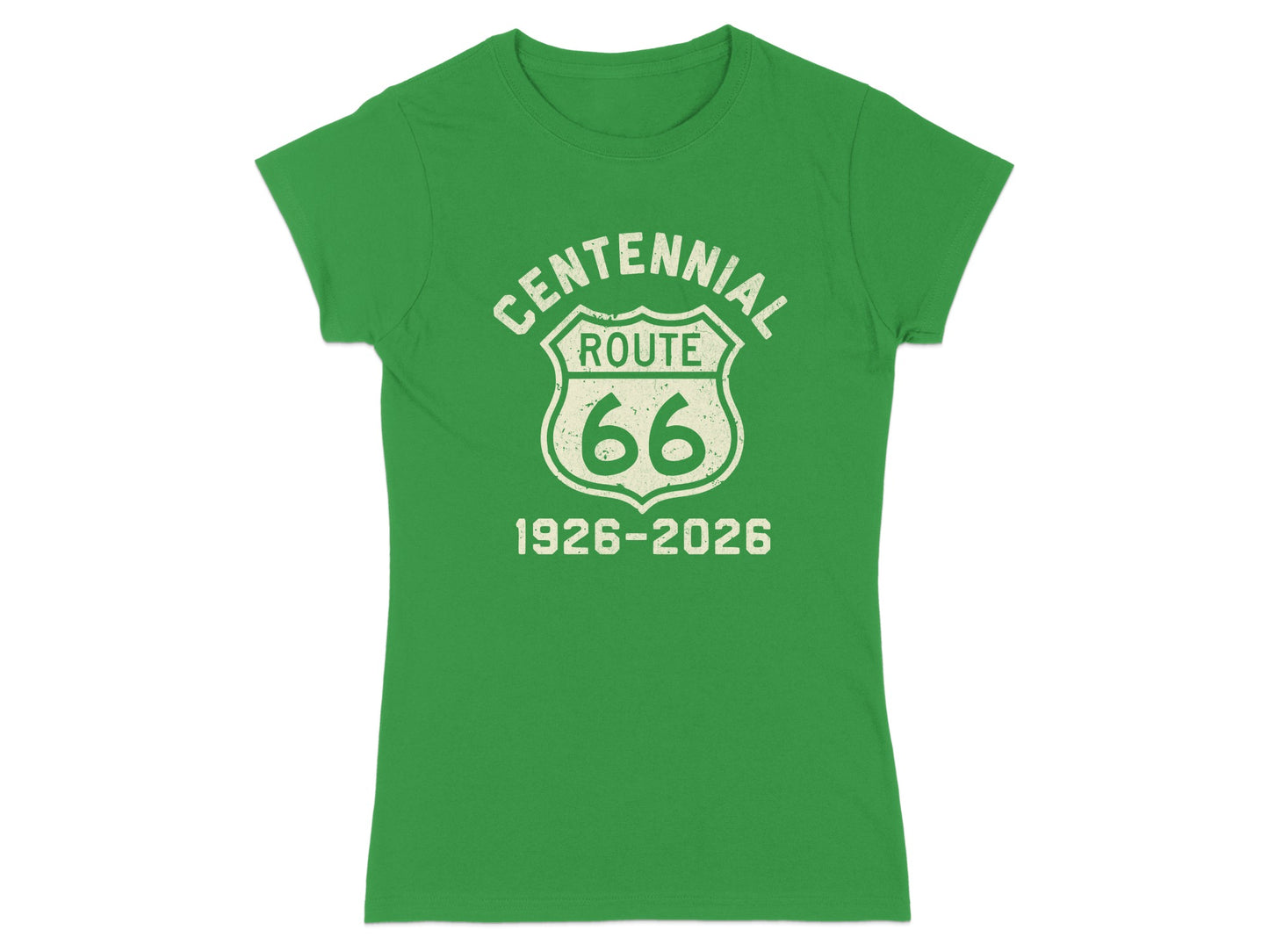 Green t-shirt with Centennial Route 66 1926-2026 graphic.