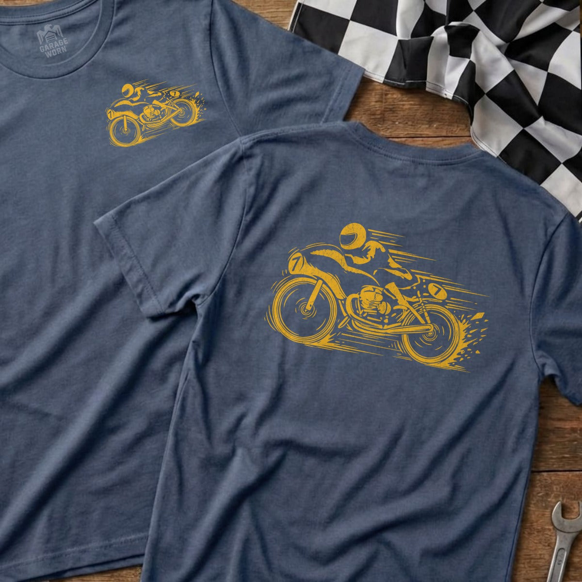 Two t-shirts with a yellow graphic of a motorcycle rider.