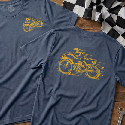 Two t-shirts with a yellow graphic of a motorcycle rider.