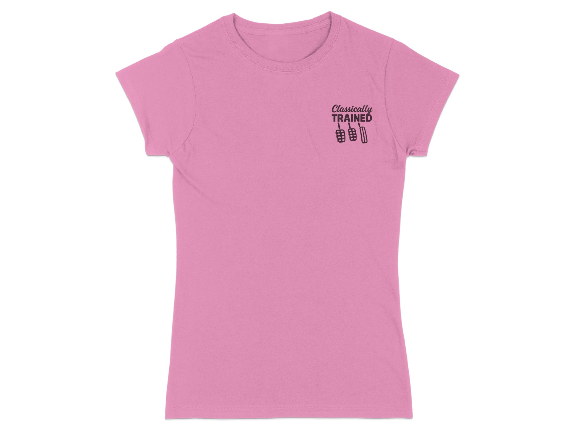 Pink t-shirt with "Classically Trained" text and pedal graphic.