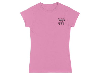Pink t-shirt with "Classically Trained" text and pedal graphic.