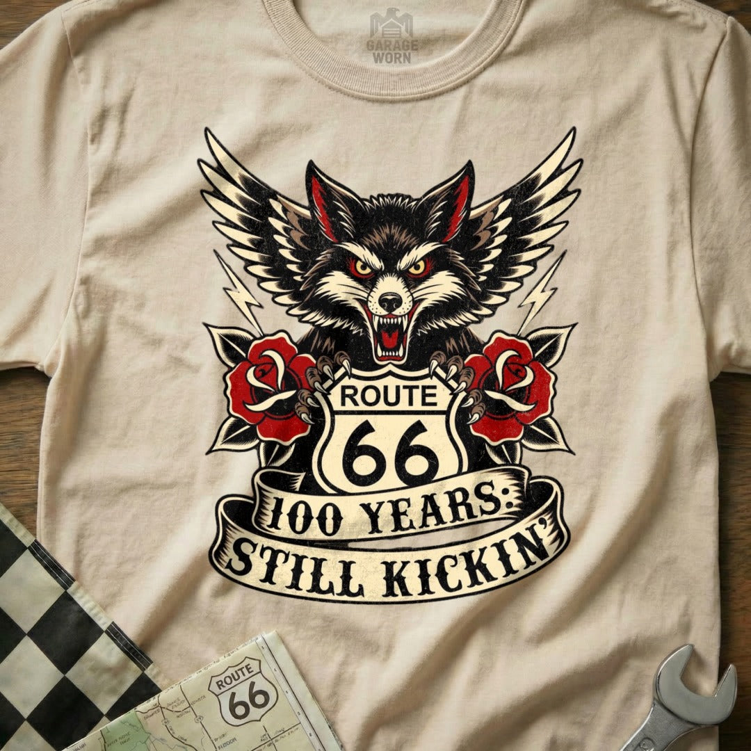 T-shirt with Route 66 100 Years Still Kickin' wolf graphic.