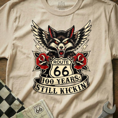 T-shirt with Route 66 100 Years Still Kickin' wolf graphic.