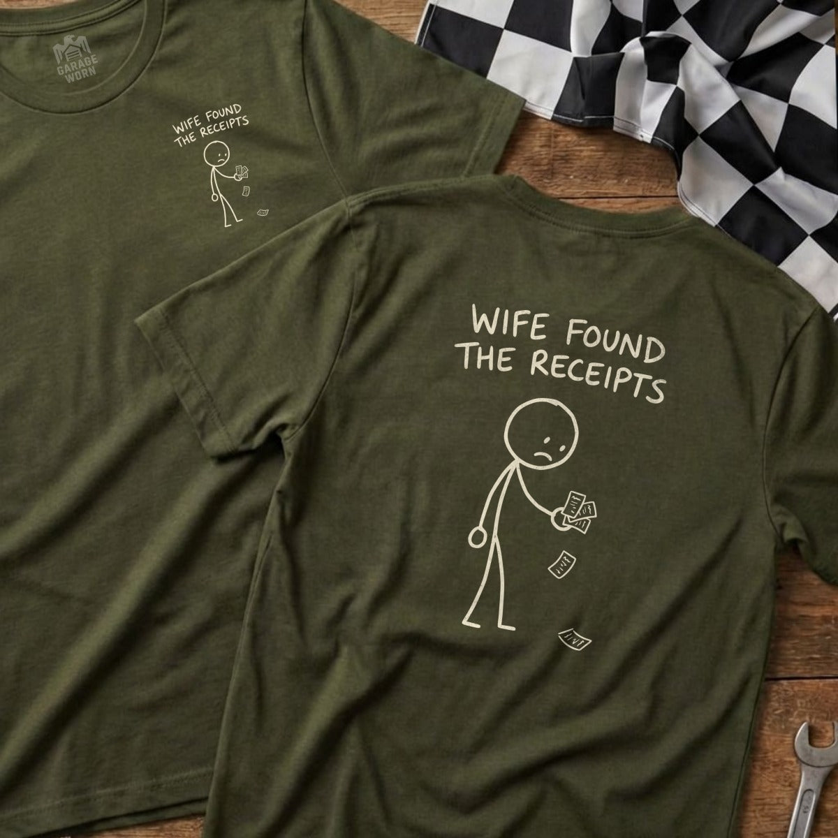 T-shirt with stick figure holding receipts and text "WIFE FOUND THE RECEIPTS".