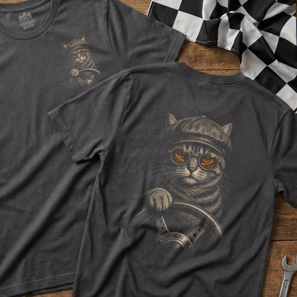 Dark gray t-shirt with a tabby cat wearing a cap and goggles driving a car.
