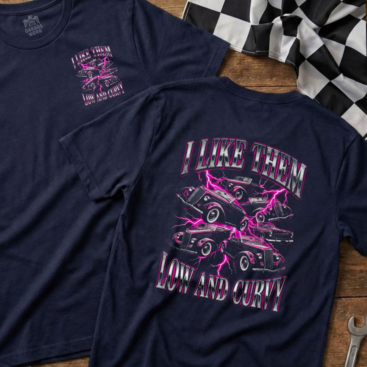 Navy t-shirts with "I like them low and curvy" and hot rod graphics.