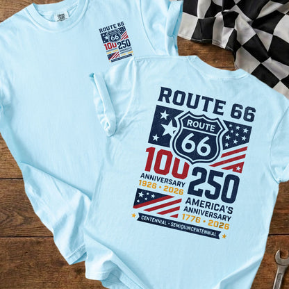 Light blue t-shirt with Route 66 100th and America's 250th anniversary graphics.
